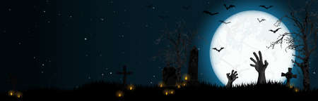illustration with zombie hands in front of full moon with scary illustrated elements for Halloween background layoutsのイラスト素材