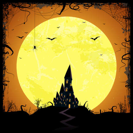 dark castle in front of full moon with scary illustrated elements for Halloween background layoutsのイラスト素材