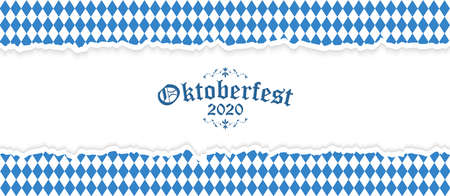 Oktoberfest background with ripped open paper having blue-white checkered pattern and text Oktoberfest 2020のイラスト素材
