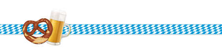 vector illustration of white and blue checkered banner with a pair of pretzel and beer for German Oktoberfest time 2020のイラスト素材
