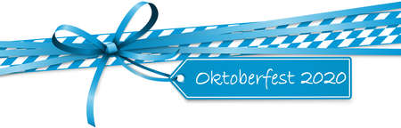 EPS 10 vector illustration of blue colored ribbon bow with hang tag and text Oktoberfest 2020 isolated on white background for German Oktoberfest timeのイラスト素材