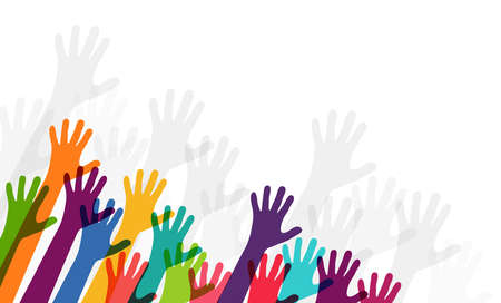 vector illustration of many different colored people stretch their hands up symbolizing cooperation or diversity friendshipのイラスト素材