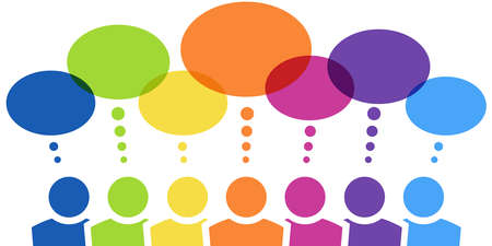 vector illustration of seven different colored team people with thought bubbles over their head and free space for textのイラスト素材