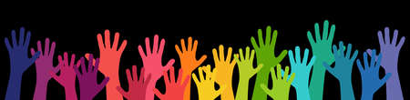 illustration of many colored people stretch their hands up symbolizing cooperation or diversity friendshipのイラスト素材