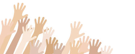 vector illustration of many different skin colored people stretch their hands up symbolizing cooperation or diversity friendshipのイラスト素材