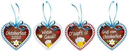 four illustrated gingerbread hearts with blue ribbon bow and text in german for Oktoberfest 2020 timeのイラスト素材