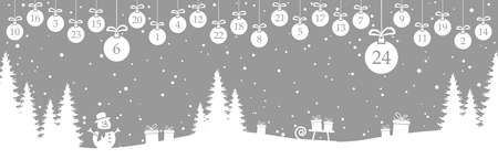 hanging christmas baubles colored white with numbers 1 to 24 showing advent calendar for xmas and winter time concepts, gray nature background with fir trees and other christmas symbolsのイラスト素材