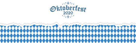 Oktoberfest background with ripped open paper having blue-white checkered pattern and text Oktoberfest 2020のイラスト素材