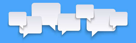 vector illustration of white speech bubbles with shadows on blue colored background and free space for textのイラスト素材