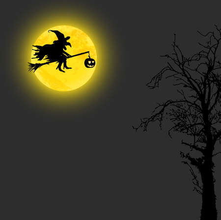 dark witch in front of full yellow moon with scary illustrated elements for Halloween background layoutsのイラスト素材