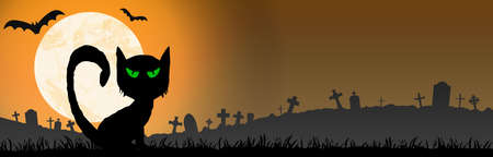 spooky cat in front of a full moon with grave stones and other scary illustrated elements for Halloween background layoutsのイラスト素材
