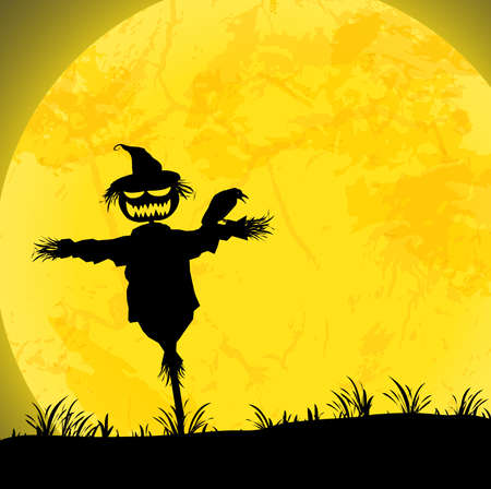 dark scarecrow in front of full yellow moon with scary illustrated elements for Halloween background layoutsのイラスト素材