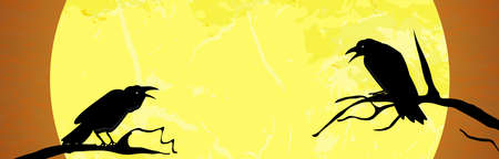 banner with crows in front of full moon with scary illustrated elements for Halloween background layoutsのイラスト素材