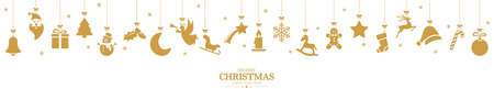 different abstract hanging icons colored gold for christmas and winter time concepts with Christmas and New Year greetingsのイラスト素材