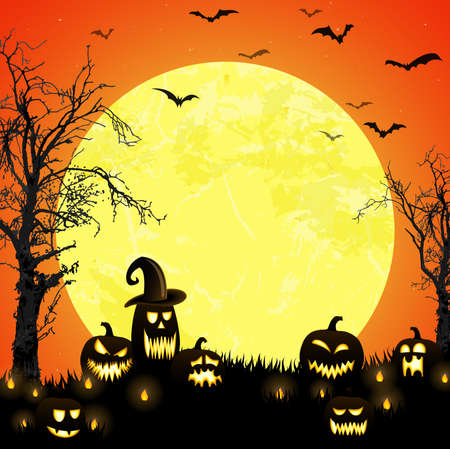 spooky halloween dead tree with some scary pumpkins in front of an full moon with batsのイラスト素材