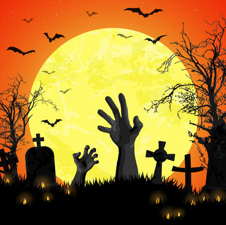 vector illustration with undead hands in front of full moon with scary illustrated elements for Halloween background layoutsのイラスト素材
