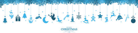 different abstract hanging icons colored blue for christmas and winter time concepts, snow flakes on top side and Christmas and New Year greetingsのイラスト素材