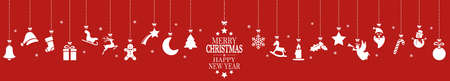 panorama xmas concept with different hanging abstract icons for christmas and wintertime, snow flakes and greetings for christmas and New Year with background colored redのイラスト素材