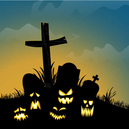 EPS vector file with spooky cemetery with different grave stones and spooky faces and other scary illustrated elements for Halloween background layoutsのイラスト素材