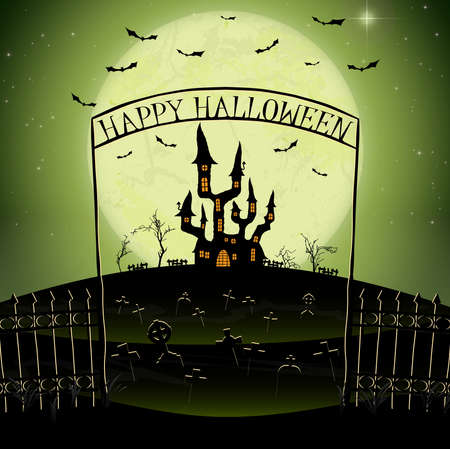 dark castle and cemetery in front of full moon with fence and archway with "Happy Halloween" letters and other scary illustrated elements for Halloween background layoutsのイラスト素材