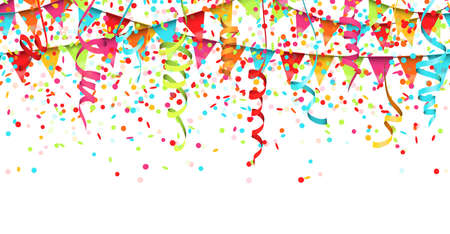 vector illustration of seamless colored confetti, garlands and streamers on white background for party or carnival usageのイラスト素材