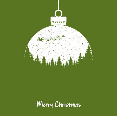 Hanging bauble with santa claus and reindeer, fall of snow, greetings for christmas and winter time concepts and background colored greenのイラスト素材