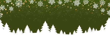 eps vector file showing a christmas panorama header with fall of snow and silhouette of forest trees, background colored greenのイラスト素材