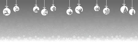 hanging baubles colored white with different abstract icons for christmas and winter time concepts with light silver snow fall backgroundのイラスト素材