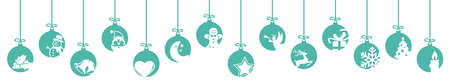 collection of hanging baubles colored blue with different abstract icons for christmas and winter time conceptsのイラスト素材