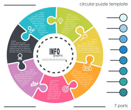 EPS 10 vector file for business info graphic template designs, team work concepts and data information with seven process optionsのイラスト素材