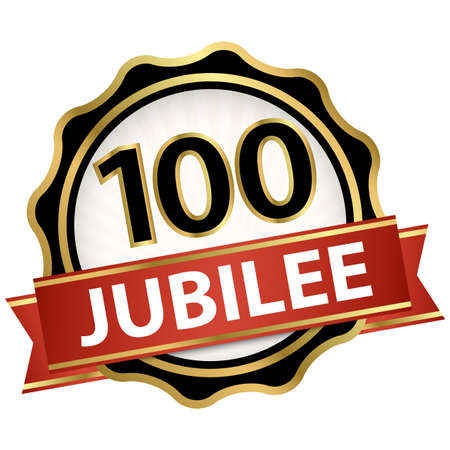 round jubilee button with red banner for marketing use for 100 yearsのイラスト素材