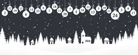 hanging christmas gifts colored white with numbers 1 to 24 showing advent calendar for xmas and winter time concepts with fir tree panorama background colored blueのイラスト素材
