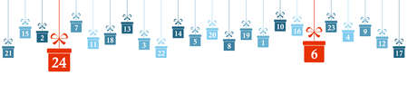 hanging christmas gifts colored blue with numbers 1 to 24 showing advent calendar for xmas and winter time concepts panorama styleのイラスト素材