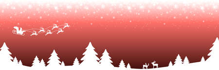 a christmas panorama header with santa fly with reindeer, fall of snow and silhouette of forest trees, background colored redのイラスト素材