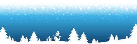 a christmas panorama header with fall of snow and silhouette of forest trees, background colored blueのイラスト素材