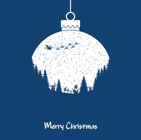 hanging bauble with santa claus and reindeer, fall of snow, greetings for christmas and winter time concepts and background colored blueのイラスト素材