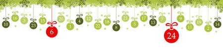 hanging christmas baubles colored green with numbers 1 to 24 showing advent calendar for xmas and winter time concepts, snow flakes on top side panorama styleのイラスト素材
