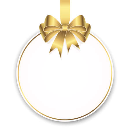 eps vector illustration of round cardboard hang tag with shadow and free space for greetings and beautiful styled ribbon bow colored goldのイラスト素材