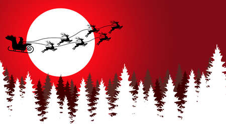 a silhouette of Santa Claus with sled and reindeer over a forest with full moon, background colored redのイラスト素材