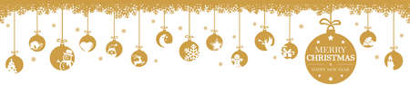 hanging baubles colored gold with different abstract icons for christmas and winter time concepts with white snow flake backgroundのイラスト素材