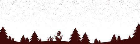 a christmas panorama header with fall of snow and silhouette of forest trees, background colored whiteのイラスト素材