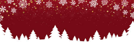 a christmas panorama header with fall of snow and silhouette of forest trees, background colored redのイラスト素材
