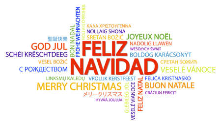Word cloud with text Merry Christmas in different languages, in the middle one oversized and bold written in Spanishのイラスト素材