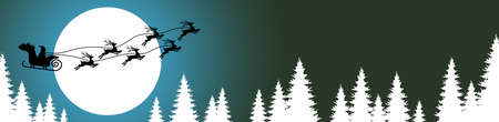 vector file showing a silhouette of Santa Claus  sled and reindeer over a forest  full moon, background coloredのイラスト素材