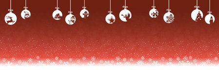 hanging baubles colored white with different abstract icons for christmas and winter time concepts with light red snow fall backgroundのイラスト素材