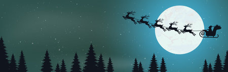 vector file showing a silhouette of Santa Claus with sled and reindeer over a forest with full moon, background colored blueのイラスト素材