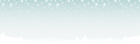 vector file showing a seamless christmas panorama header with fall of snow and silhouette of forest trees, background colored light blueのイラスト素材
