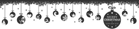 vector with hanging baubles colored black with different abstract icons for christmas and winter time concepts with white snow flake backgroundのイラスト素材