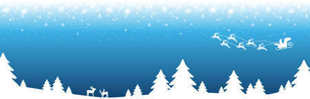 vector file showing a christmas panorama header with santa fly with reindeer, fall of snow and silhouette of forest trees, background colored blueのイラスト素材