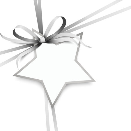 vector illustration of silver colored ribbon bow and gift band with shape of a star pendant for christmas greetings isolated on white backgroundのイラスト素材